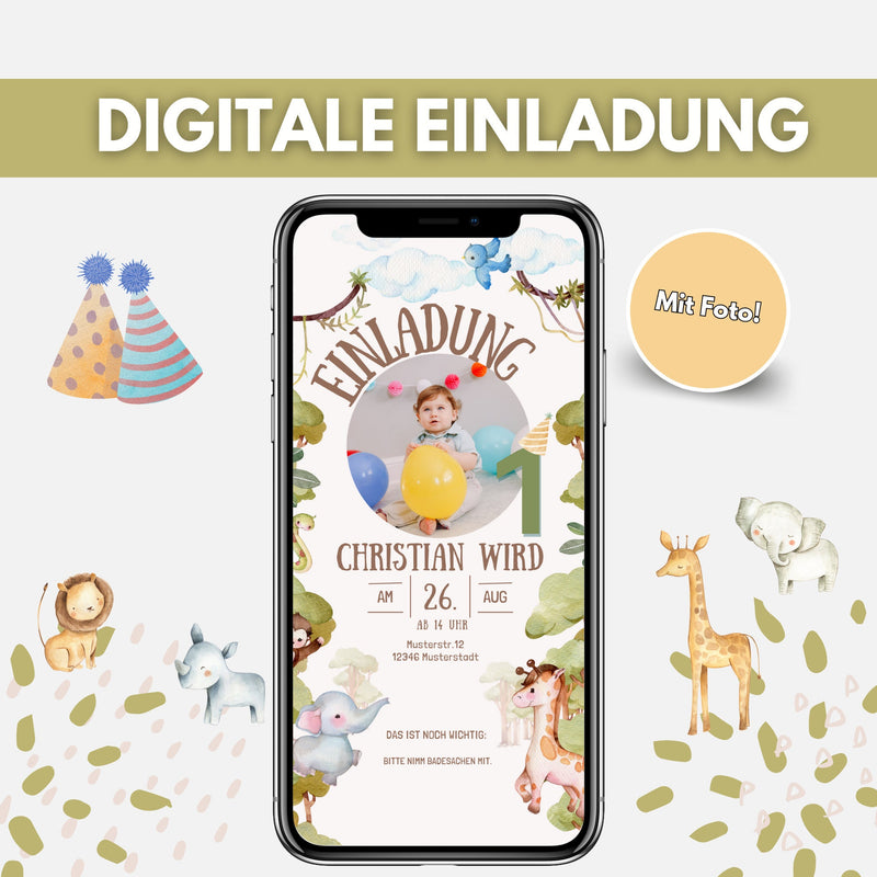 Digitale Einladung Kindergeburtstag mit Foto Safari