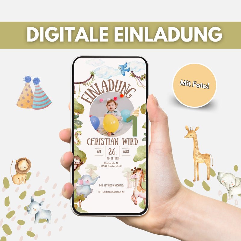 Digitale Einladung Kindergeburtstag mit Foto Safari